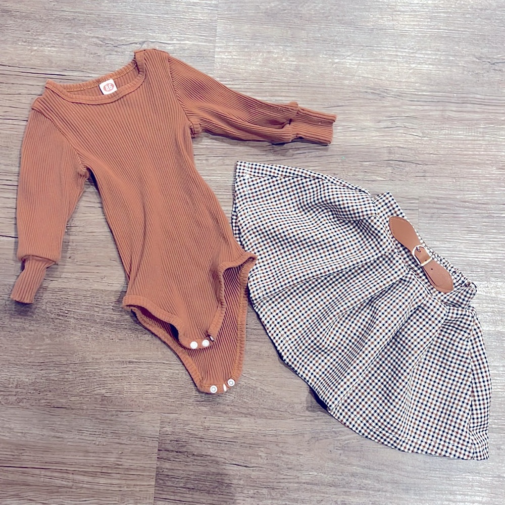 Brown plaid skirt and long sleeve brown shirt